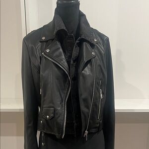 AVEC LES FILLES Black Leather Biker Jacket with Black Denim Under layer Size L